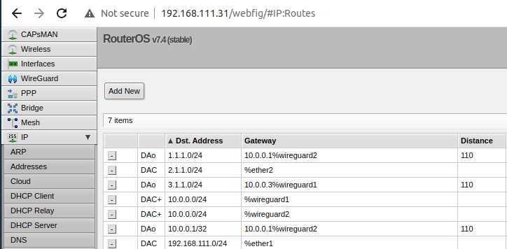 MikroTik-1 routing table